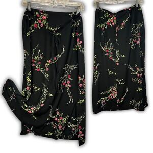 Kathie Lee Black Floral Rose Maxi Skirt Tie Waist Slit Sz L XL Y2K Fairy Cottage